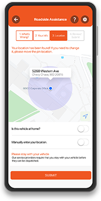 A smartphone using GEICO Mobile's app for roadside assistance