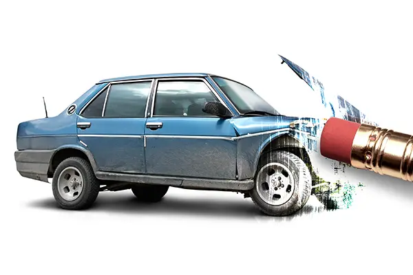 Illustration of a vehicle that has front end damage with a pencil erasing the front end.