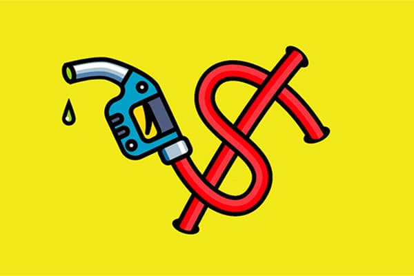 Cartoon drawing of a gas pump nozzle and a hose shaped like a dollar sign.