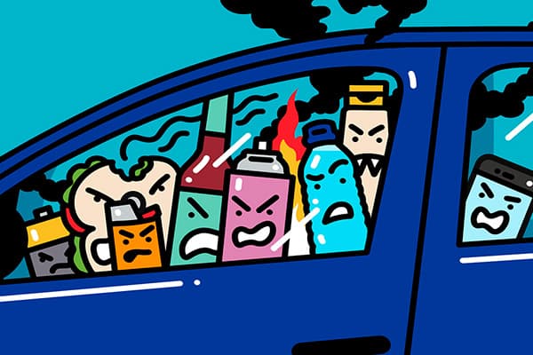 Cartoon depiction of hazardous items you shouldn't leave in your car.