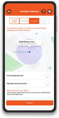 A smartphone using GEICO Mobile's app for roadside assistance