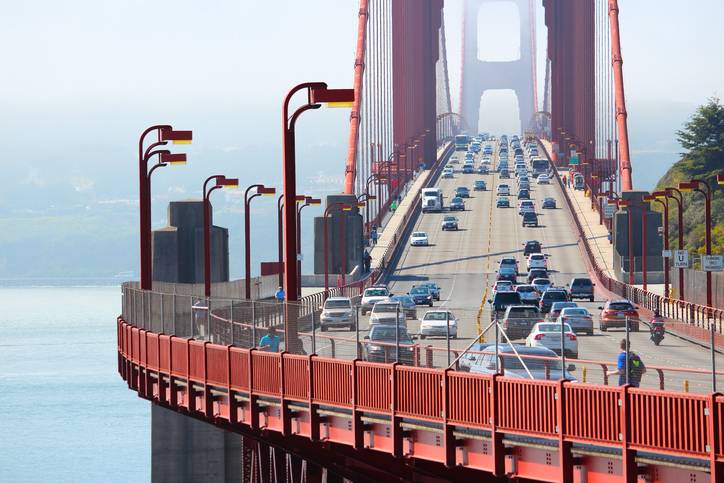 Heavy traffic going through the Golden Gate Bridge