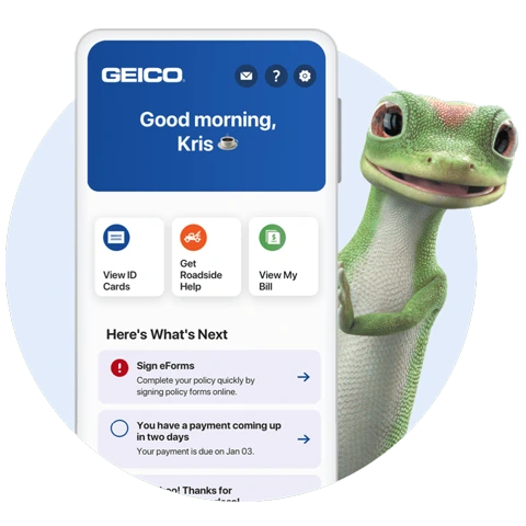 GEICO gecko holding a mobile phone